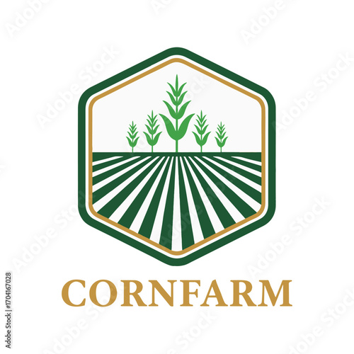 A professional hexagonal logo for a corn farm, showing a freshly plowed field and young plants for an organic brand. vector illustration