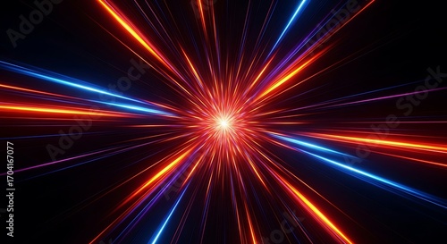 Explosion of red and blue light streaks in darkness