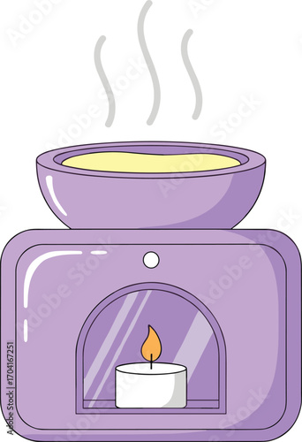 Aromatherapy burner, scented oil, ceramic diffuser, tealight candle, wellness decor, vapor lines, flat vector, silhouette, cad drawing
