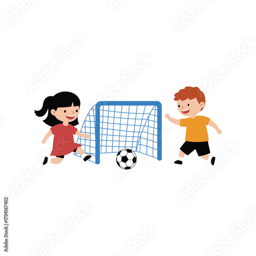 Vector art of two happy cartoon children, a boy and a girl, playing soccer together in front of a goal
