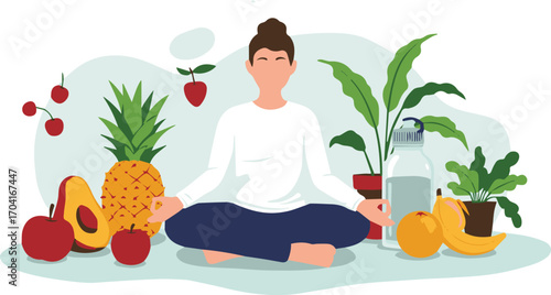 Serene woman meditating amidst vibrant fruits and plants, embracing healthy lifestyle and mindfulness