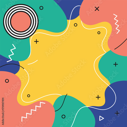 Vibrant Memphis style background with abstract liquid shapes, geometric elements, and a central yellow copy space. vector illustration
