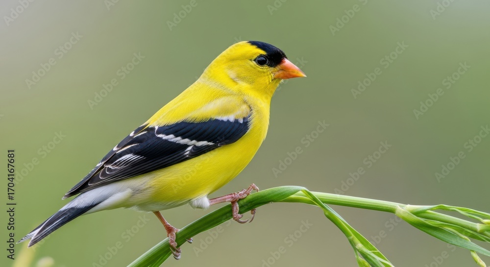 Naklejka premium American Goldfinch perched on a green branch showing black and white wing feathers