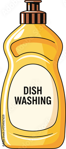 Dishwashing liquid bottle, yellow container, pump dispenser, kitchen cleaner, household product, flat vector, silhouette, cad drawing
