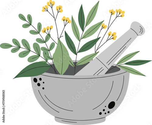 Herbal medicine, mortar and pestle, green leaves, natural remedy, healing herbs, botanical illustration, organic treatment, flat vector, silhouette, cad drawing