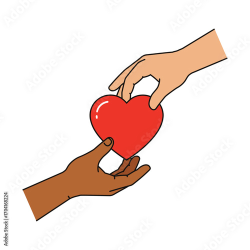 Vector art of two hands, one lightskinned and one darkskinned, exchanging a red heart