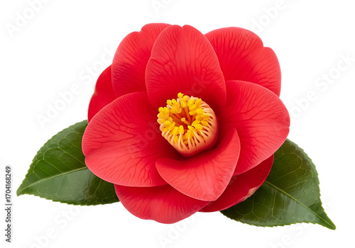 Vibrant red camellia flower with yellow center isolated on transparent background