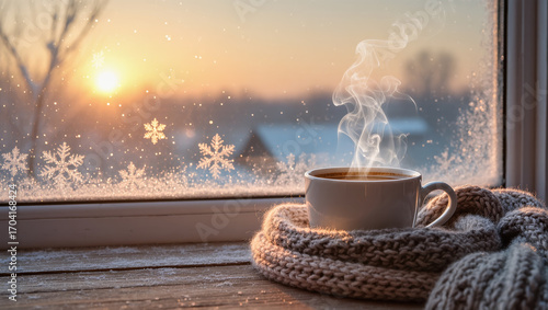 Christmas morning with hot drink in white cup near frosted window with snowflakes and warm knitted scarf at sunrise
