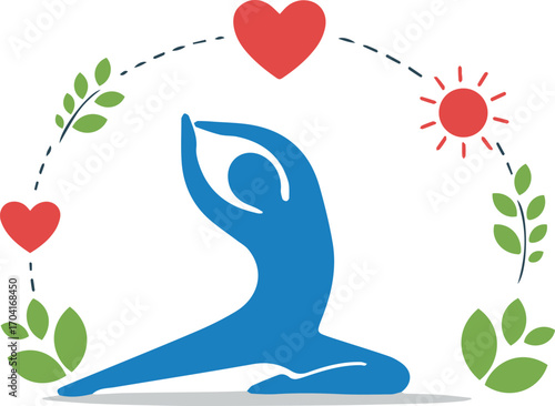 Serene yoga pose embodies wellness, balance and natural harmony with sun and hearts