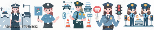 female police officer is regulating traffic in simple and minimalist vector