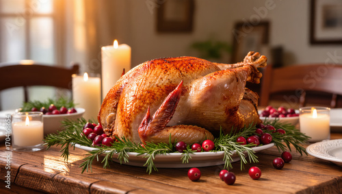 Christmas roasted turkey on festive wooden table with candles, cranberries, rosemary and warm holiday atmosphere