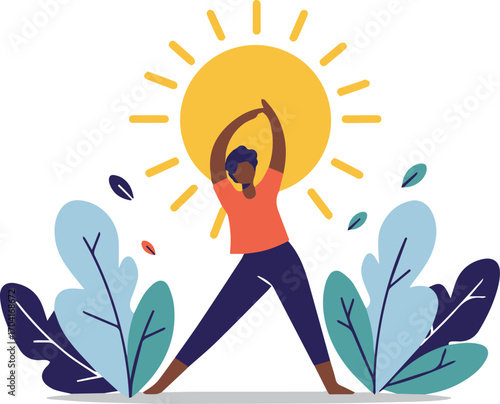 Vibrant person embracing sun's energy with healthy yoga pose surrounded by lush nature