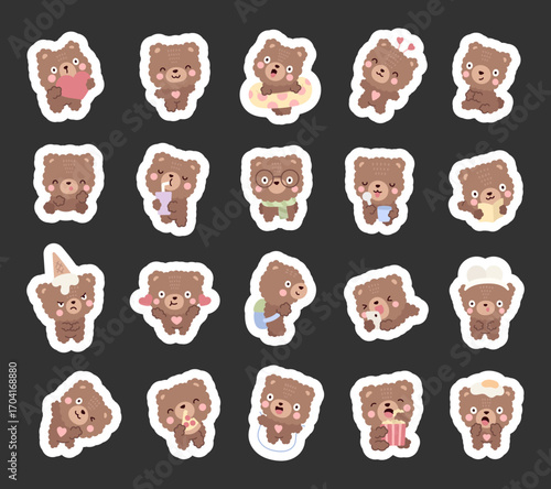 Teddy bear character set in scandinavian style showing different emotions and poses including valentine, reading, studying, eating, drinking, holiday, school, food, cinema