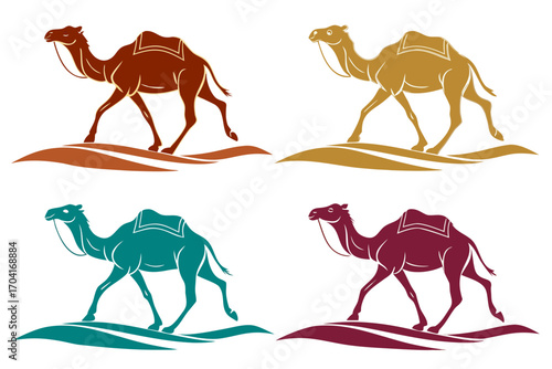 set of Camel walking in desert silhouette vector isolated on white background