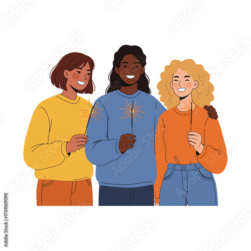 Vector art of three diverse young women holding sparklers and smiling, celebrating a festive occasion
