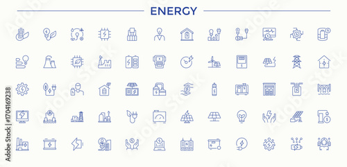Energy related line icon set. Perfect for logos and infographic. Battery line icon set. Contain linear symbols batteries, charging, battery, charger, electricity and more.