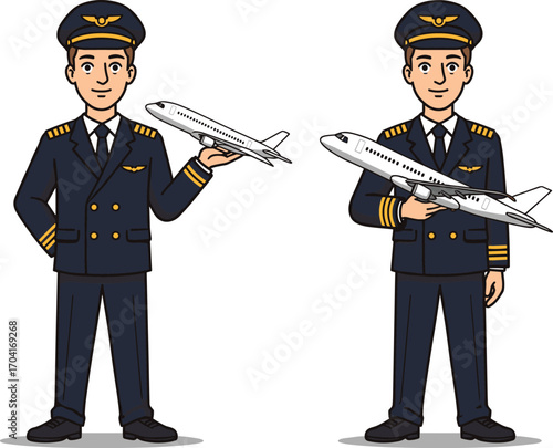 Cartoon pilots in formal uniform holding aircraft models, aviation profession concept, airline crew character, airplane comparison, flight training illustration.