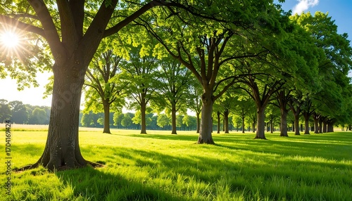 Wallpaper Mural Sunlight streams through a row of trees in a grassy field Torontodigital.ca