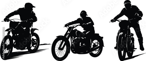 Silhouette Vector of Motorcycle Riders on Vintage and Dirt Bikes in Motion with Shadows for Racing, Adventure, and Retro Design Concepts