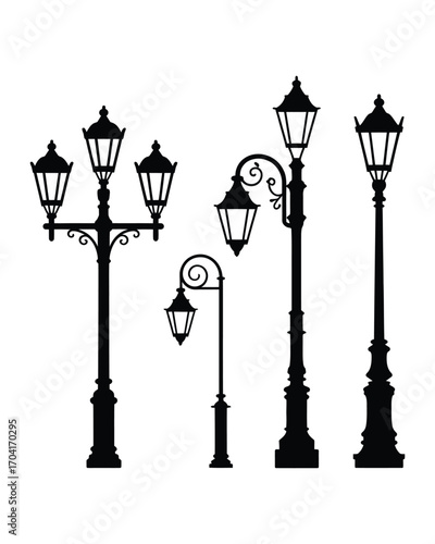 A collection of classic antique street light post silhouettes. Old fashioned urban lamppost icon set vector illustration