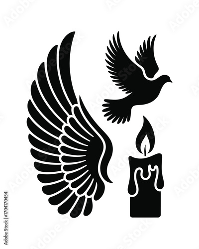 Set of spiritual symbols in black silhouette style. Includes a flying peace dove, an angel wing, and a burning candle icon for memorials, faith, and hope
