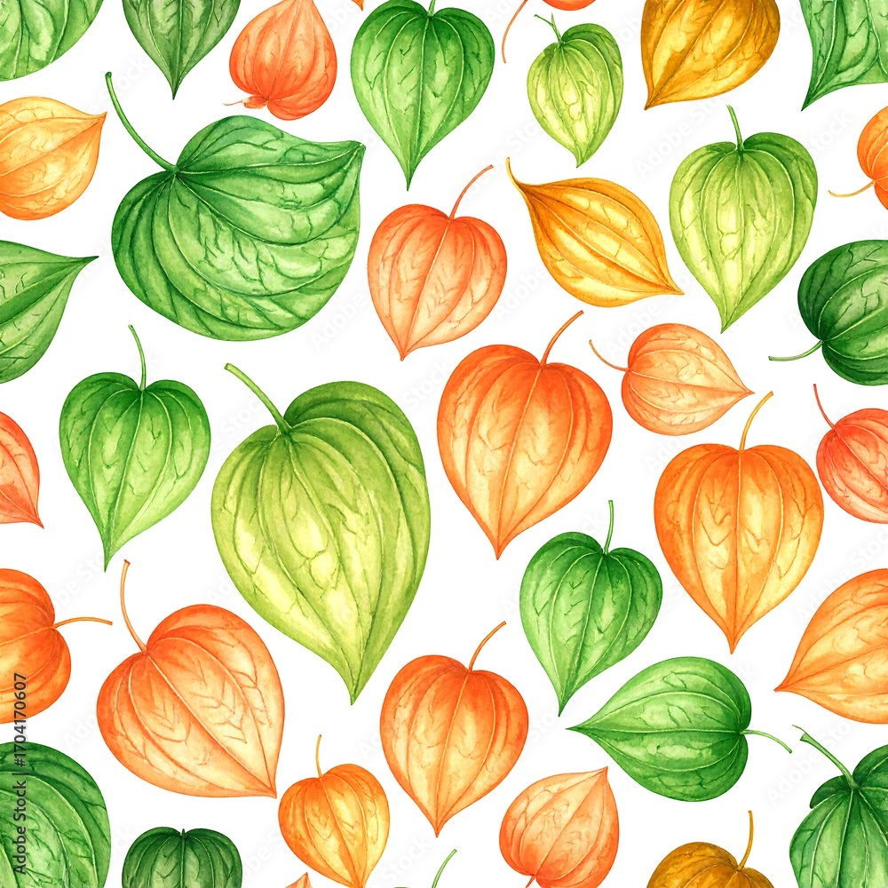 Obraz premium Colorful, botanical, seamless pattern of leaves and physalis