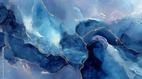 Abstract blue and gold fluid art background marble