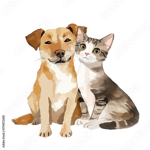 Affectionate Jack Russell Terrier and Tabby Cat Watercolor Portrait