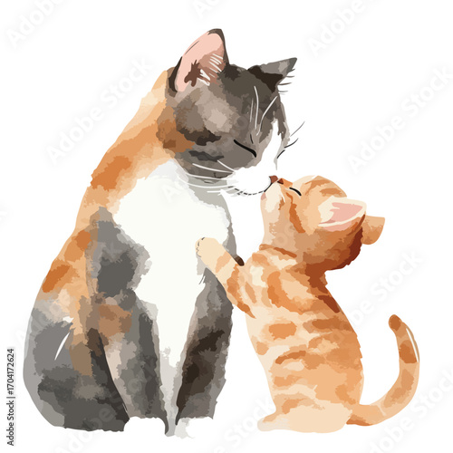 Affectionate Watercolor Depiction of a Mother Cat and Playful Kitten Nuzzling Each Other