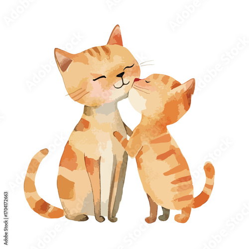 Affectionate Watercolor Cats Sharing a Tender Moment of Love and Kisses
