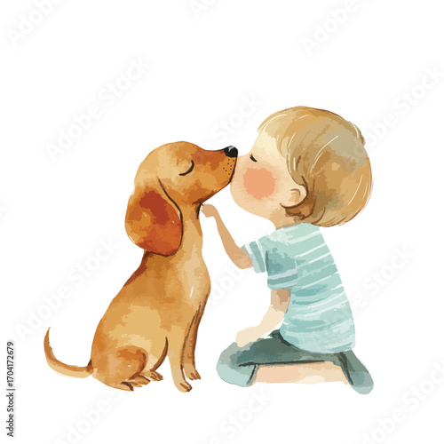 Affectionate Watercolor Illustration of Boy Kissing a Golden Dogs Snout