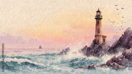 A Coastal Lighthouse at Sunset, Bathed in Warm Hues