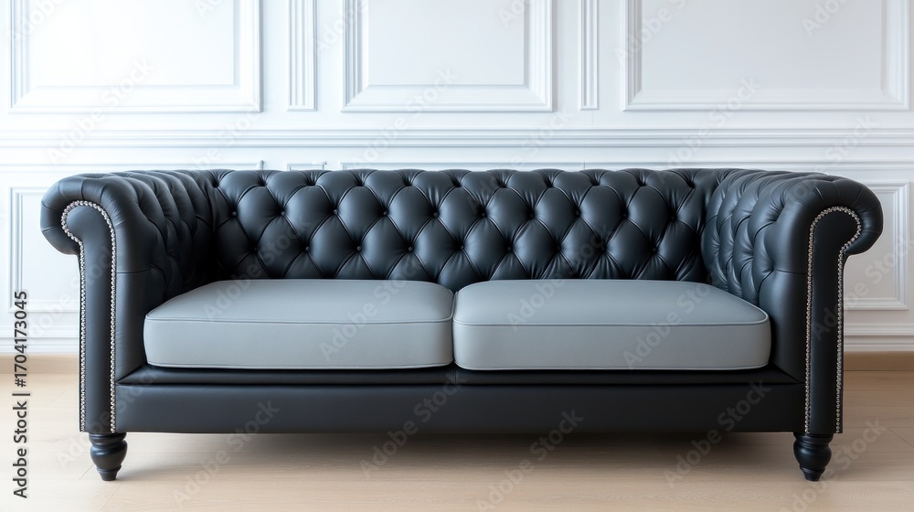 Obraz premium Black leather chesterfield sofa in classic interior