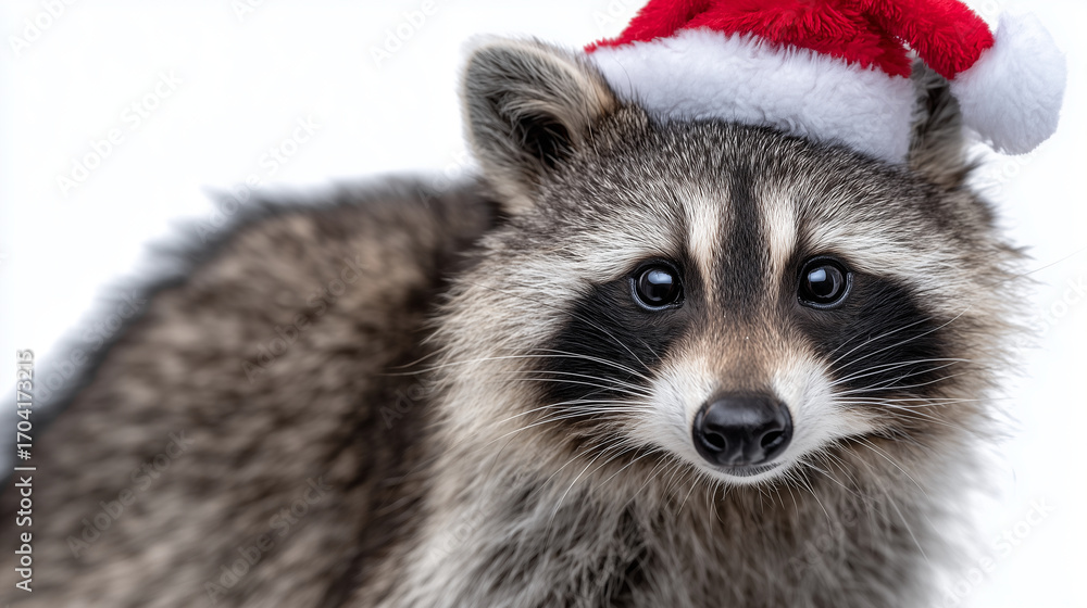 Obraz premium Close-up of raccoon wearing red Santa hat, mischievous expression, smooth neutral background with gentle shadows, perfect for holiday cards