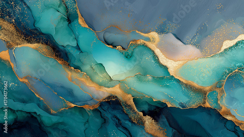 Teal and gold abstract fluid art with flowing waves 2