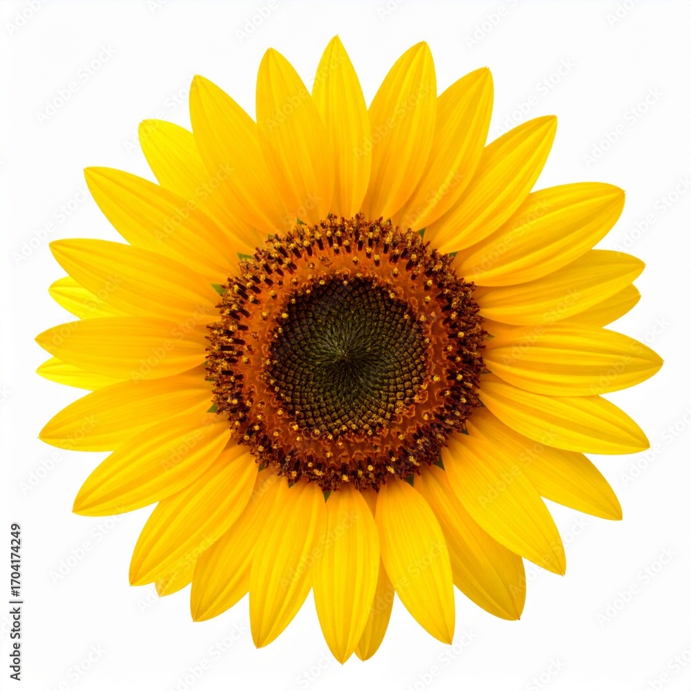 Fototapeta premium Bright yellow sunflower isolated on white background with detailed petals and natural center texture