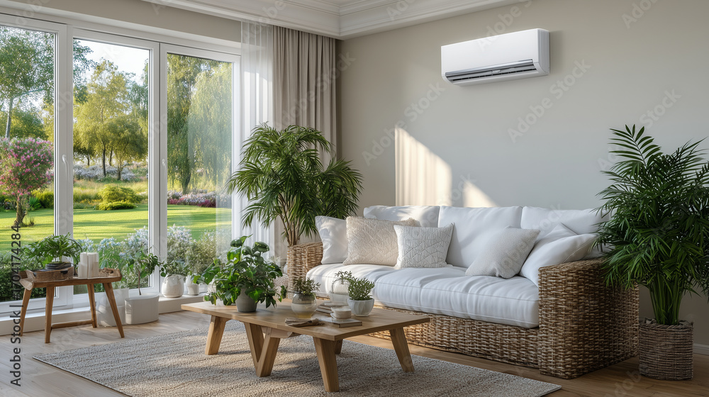 Fototapeta premium Modern AC unit installed on wall in bright living room, natural light illuminating furniture and decor, cool air creating a comfortable, inviting space