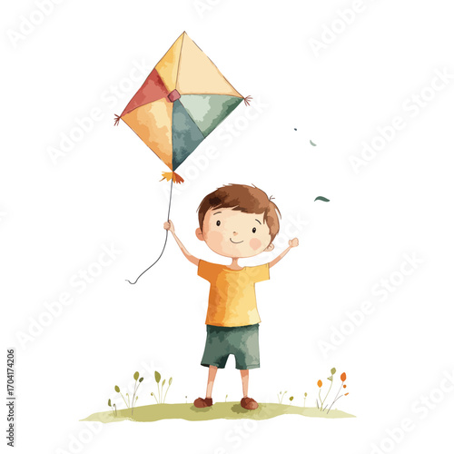 Cheerful Boy Joyfully Flying a Colorful Kite on a Sunny Day (1)