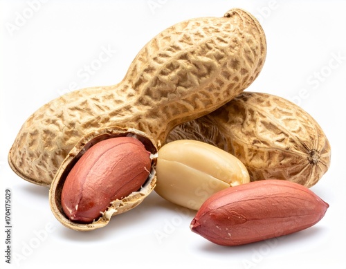 Brown Peanut with Natural Shell Texture Isolated on White Background for Botanical Object, Organic Food and Nut Concept