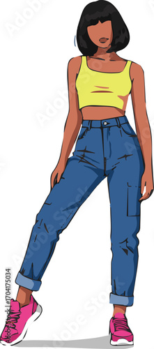 Vibrant young woman in stylish jeans and yellow top posing confidently with modern sneakers