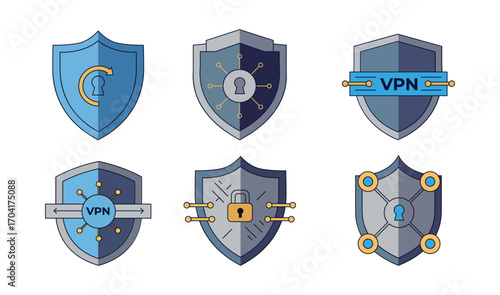 Security shield icons with padlock and VPN symbols