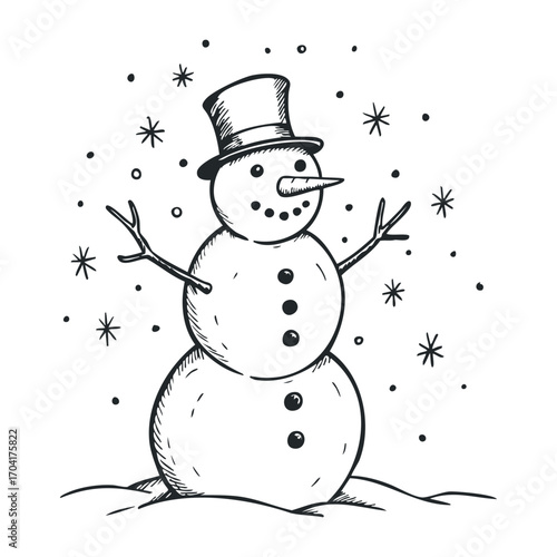 Playful winter scene featuring a snowman surrounded by snowflakes in a cozy outdoor setting. Vector illustration