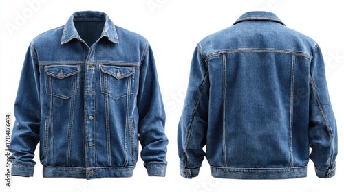 Classic blue denim jacket, front and back views, isolated on white.