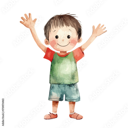 Cheerful Watercolor Boy with Arms Raised in Joyful Celebration