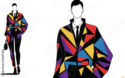 Bold geometric fashion models showcase vibrant contemporary style in striking abstract patterns