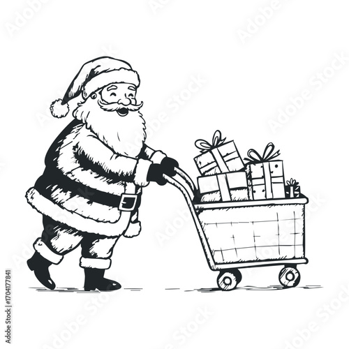 Santa claus delivering holiday gifts in a shopping cart festive atmosphere illustration cheerful viewpoint christmas spirit. Vector illustration
