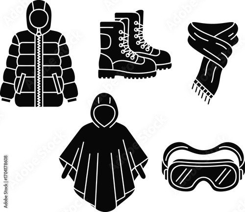A collection for winter and rainy season outfits. This set features practical and stylish cold-weather gear and accessories, including a puffer jacket, boots, scarves, and other.