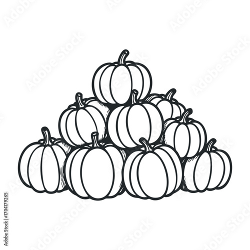 Harvesting autumn pile of pumpkins farm illustration rustic aerial view seasonal celebration. Vector illustration