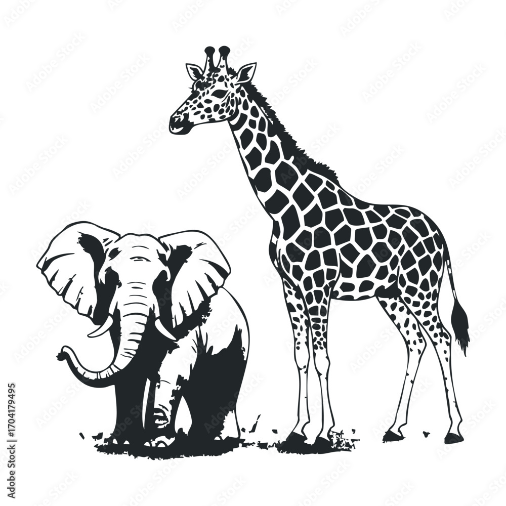 Fototapeta premium Wildlife encounter elephant and giraffe together nature illustration white background minimalist art. Vector illustration