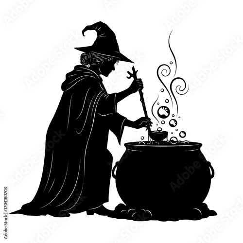 Witch stirring a bubbling cauldron silhouette isolated on white background